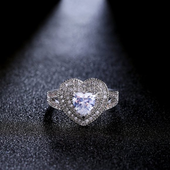NEW 925 Silver Double Halo Diamond Heart Ring - Picture 3 of 5